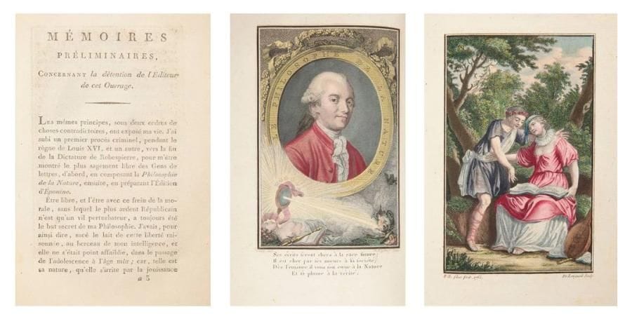 DELISLE DE SALES
De la philosophie du bonheur. Paris, 1796. - 2 volumes in-8, titre gravé, xcvj, 181 pp., (1 f.), 5 pl., 1 portrait; titre gravé, 247 pp., 4 pl., 3 portraits. Demi-veau havane à coins, dos lisse orné, tranches marbrées (reliure du début du XIXe siècle). Cohen, 281. Belle édition illustrée de deux titres gravés, les mêmes pour les deux volumes, d'un portrait de l'auteur d'après Borel, de 3 portraits de philosop hes (Homère, Socrate et Marc-Aurèle) gravés par Macret et de 8 planches dont 3 de Willes (datées de 1765), 4 d'après Eisen et une non signée. Les figures de Willes et d'Eisen avaient déjà servi pour l'édition de 1766 des Sens de Du Rosoi. L'ouvrage débute par les importants Mémoires préliminaires, Concernant la détention de l'Editeur de cet Ouvrage, couvrant plus de 100 pages. UN DES RARES EXEMPLAIRES SUR PAPIER VÉLIN AU FILIGRANE DE LA PAPETERIE DU MARAIS AVEC TOUTES LES PLANCHES COLORIÉES. Coiffe de tête du premier volume restaurée, deux coiffes abîmées, coins émoussés, frottements et craquelures aux charnières. Très bel état intérieur