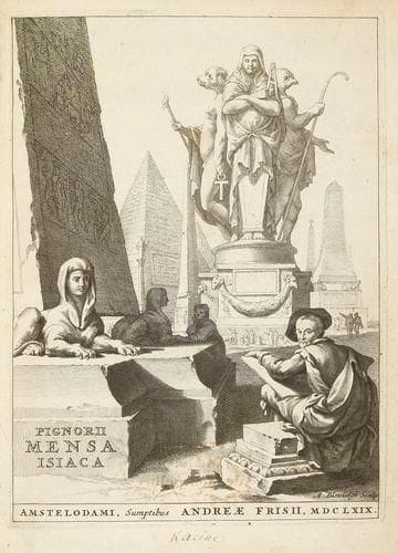 PIGNORIA (Lorenzo)
Mensa Isiaca, qua Sacrorum apud Ægyptios ratio & simulacra subjectis tabulis æneis simul exhibentur & explicantur. - Magnae deum matris idææ & attidis initia. - Manus Ænea, cecropii votum referentis, dilucidatio. Auctore Jacobo Philippo Toasino. Amsterdam: Andreæ Frisii, 1669. - 2 ouvrages en un volume in-4, (5 ff.), 96 pp., (6 ff.), 1 pl.; (4 ff.), 96 pp., 11 pl. Basane brune, dos à nerfs orné, tranches mouchetées (reliure de l'époque). Troisième édition, la meilleure consacrée à l'explication de la table d'Isis, ou table Isiaque, par l'antiquaire Lorenzo Pignoria (1571- 1631). Cette table, considérée comme l'un des monuments les plus précieux de l'ancienne Égypte, est une grande plaque de cuivre gravée représentant presque tous les Dieux de l'Égypte et leurs symboles et renfermant les mystère d'Isis; elle fut dérobée en 1525 lors de la prise de Rome, entra en possession du Cardinal Bembo puis du duc de Mantoue. Elle est aujourd'hui conservée à Turin. Le second ouvrage que l'on trouve habituellement à la suite, est divisé en deux parties, chacune avec une page de titre particulière. Également de Lorenzo Pignoria, la première propose une étude de la main panthée et de la statuette d'Atys. La seconde est de Giacomo Filippo Tomasini (1595-1655) et concerne l'étude d'une autre main; elle se termine par une vie de Pignoria. L'édition est illustrée d'un frontispice gravé par Blotelingh, d'une vignette sur chacun des titres, de 35 gravures sur cuivre dont 25 dans le texte et 9 à pleine page et de 12 planches dont 11 repliées représentant la table d'Isis. Exemplaire dont le frontispice porte la signature "RACINE" qui n'est nullement celle de Jean ou de Louis. Il est joint un morceau de manuscrit faisant référence au frontispice de l'ouvrage, que Jacques Millot attribue sur un papier volant à Louis Racine. Des bibliothèques de l'écrivain Philibert-Nicolas Hemey (ex-libris), du médecin Cyrille Rigaud (tampon ex-libris) et de Jacques Millot (ex-libris, cat. 17 et 18 décembre 