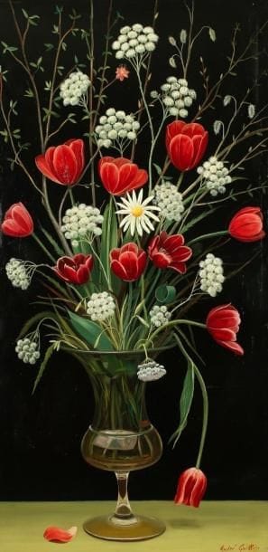 André QUELLIER (1925-2010)
Le bouquet au fond noir, 1969 Huile sur panneau. Signée et datée en bas à droite. 120 x 60 cm