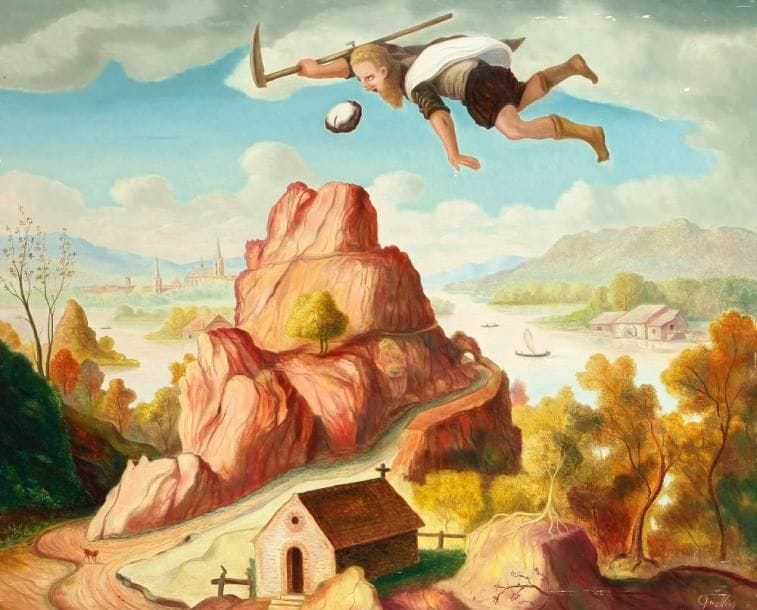 André QUELLIER (1925-2010)
L'Atalante fugitive - La pierre que Saturne avait dévorée, 1990 Huile sur panneau. Signée et datée en bas à droite. (Petits manques). 65 x 81 cm