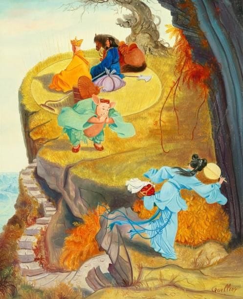 André QUELLIER (1925-2010)
Le Si Yeou Ki - Femme en bleu Huile sur panneau. Signée en bas à droite. 46 x 38 cm