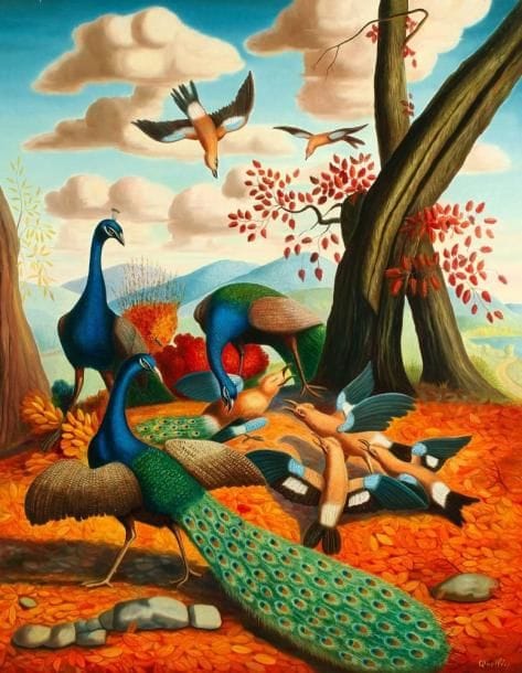 André QUELLIER (1925-2010)
Fables de La Fontaine - Le geai paré des plumes du paon Huile sur panneau. Signée en bas à droite. 146 x 113 cm