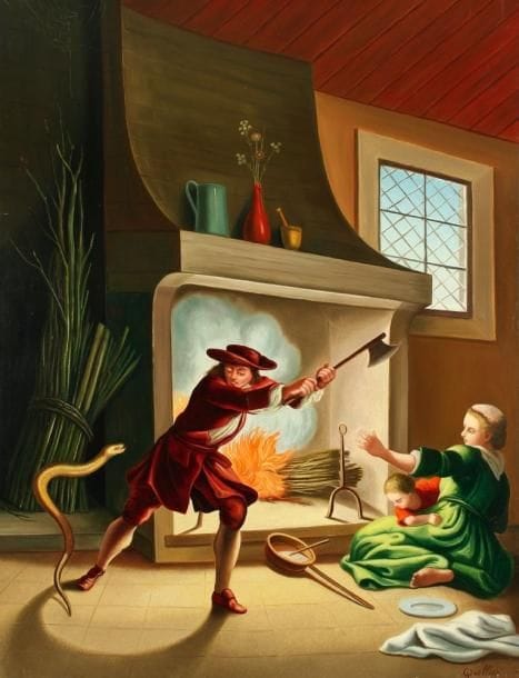André QUELLIER (1925-2010)
Fables de La Fontaine - Le villageois et le serpent Huile sur panneau. Signée en bas à droite. 116 x 89 cm