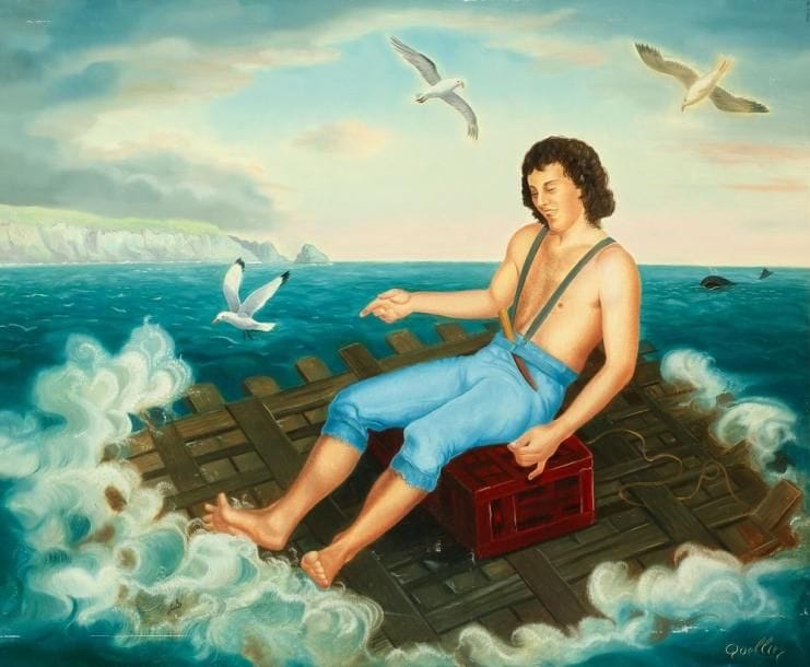 André QUELLIER (1925-2010)
Jeune homme à la baleine Huile sur panneau. Signée en bas à droite. 60 x 73 cm