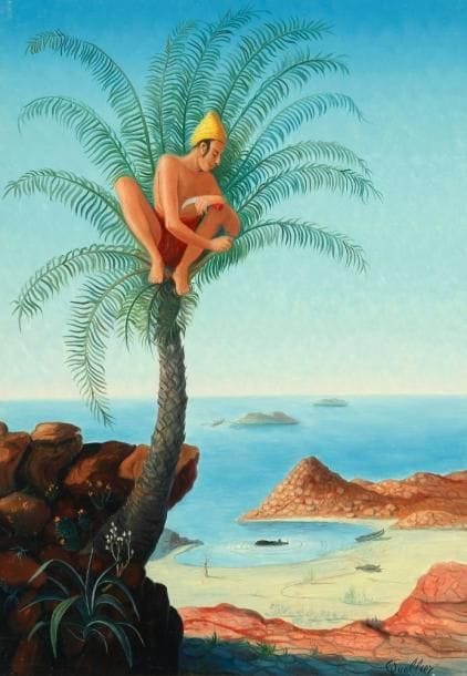 André QUELLIER (1925-2010)
Jeune homme au palmier Huile sur panneau. Signée en bas à droite. 65 x 46 cm