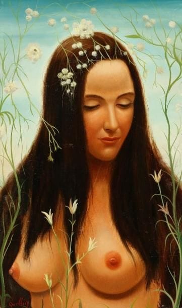 André QUELLIER (1925-2010)
Jeune femme aux seins nus Huile sur panneau. Signée en bas à gauche. 55 x 33 cm