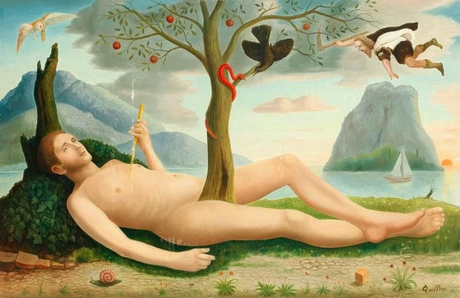 André QUELLIER (1925-2010)
L'homme au sexe d'arbre, 1999 Huile sur panneau. Signée et datée en bas à droite. 92 x 60 cm