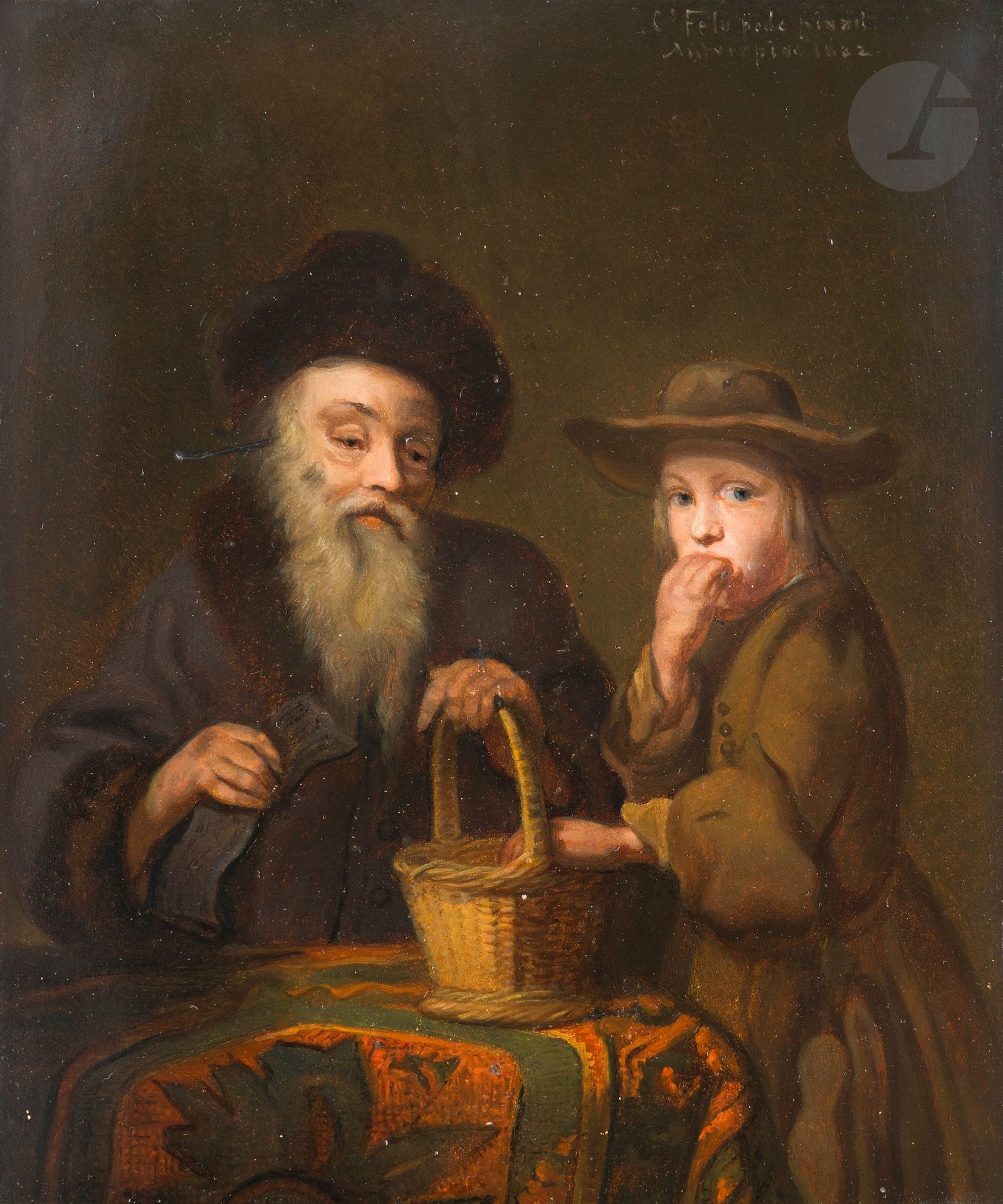 Charles François FELU (1830-1900)
Old man and child, 1882
Oil on panel.
This scene, depicting a rabbi lost in meditation and a greedy child, is painted with great sensitivity by an artist who was born without arms and painted with his feet.
33 x 28 cm 
Framed.


 

Keywords:
judaica, jew, jewish, hebrew, rabbis, jewish, torah, hebrew, hebraica, judaism, synagogue, zionism, pessah, pessach, haggada, haggadah, hagada, hagadah, passover, menora, menorah, hannuka, hannuca, hannucca, hanouccah, torah, juden, israélite, Israël, antisemitism, antisémitisme, dreyfus, meguila, sepharade, sefarad, ketouba