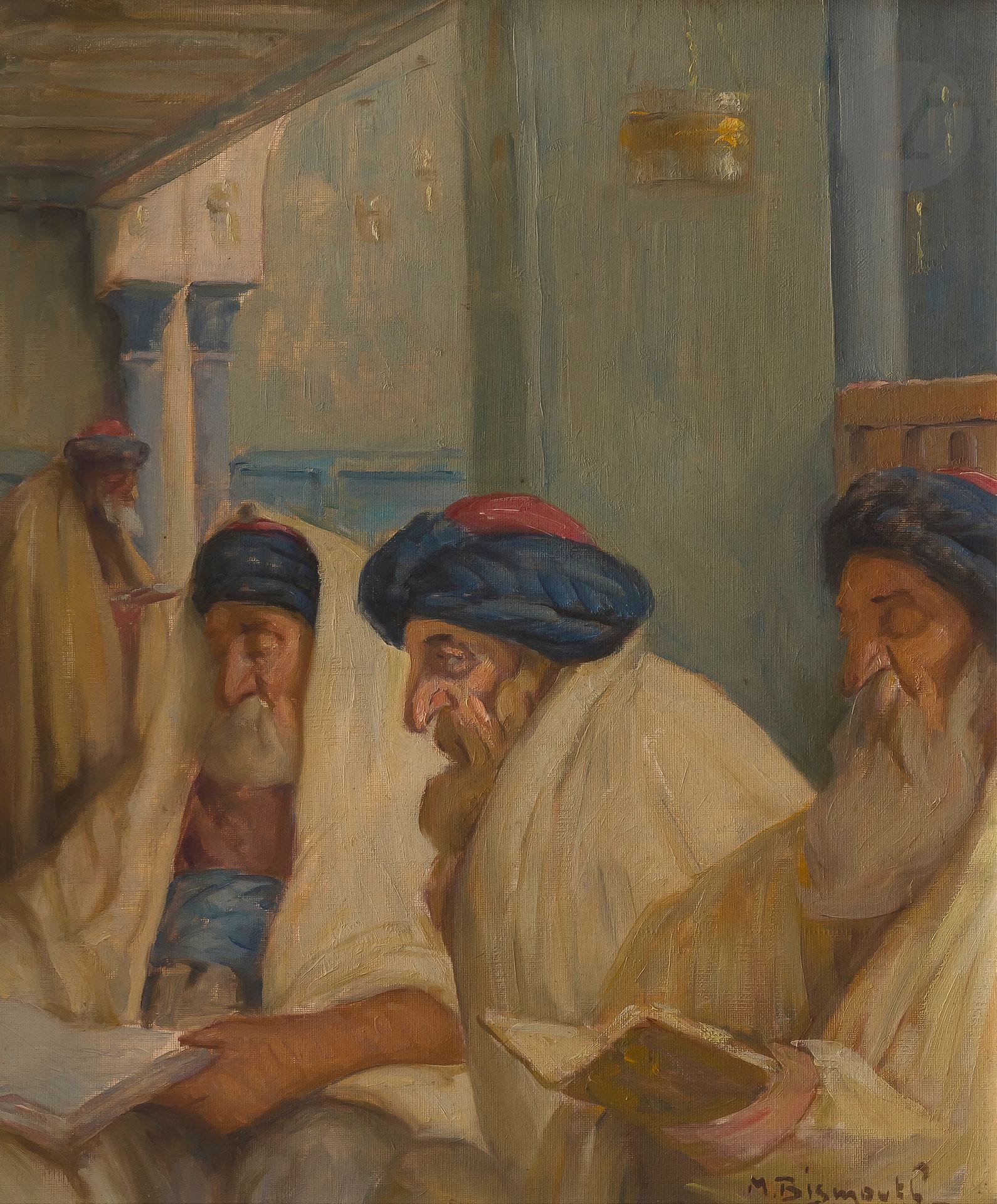 Maurice BISMOUTH (1891-1965)
Juifs en prière à la synagogue (Keren Yechoua de la Marsa ?)
Huile sur toile.
Signée en bas à droite.
46 x 38 cm
Cadre.


 

Mots clés :
judaïca, juif, juive, hébreux, rabbins, jewish, torah, hebrew, hebraica, judaisme, synagogue, sionisme, pessah, pessach, haggada, haggadah, hagada, hagadah, passover, menora, menorah, hannuka, hannuca, hannoucca, hanouccah, torah, juden, israélite, Israël, antisemitism, antisémitisme, dreyfus, meguila, sepharade, sefarad, ketouba