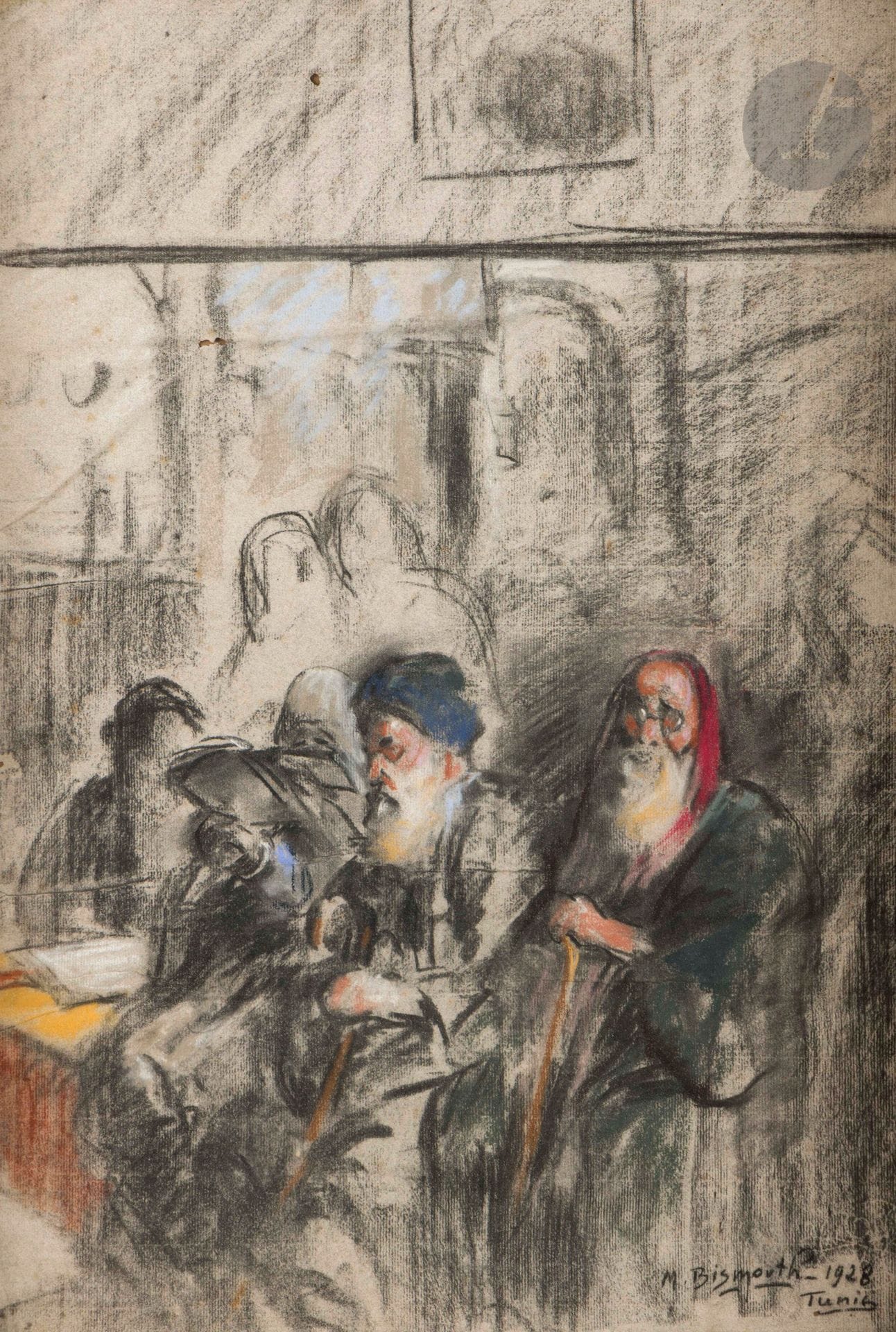 Maurice BISMOUTH (1891-1965) 
The Rabbis, 1928 
Charcoal and grease pencil.
Signed, dated and located "Tunis" lower right.
Creases and small paper chips.
61 x 44 cm
Framed.


 

Keywords:
judaica, jew, jewish, hebrew, rabbis, jewish, torah, hebrew, hebraica, judaism, synagogue, zionism, pessah, pessach, haggada, haggadah, hagada, hagadah, passover, menora, menorah, hannuka, hannuca, hannucca, hanouccah, torah, juden, israélite, Israël, antisemitism, antisémitisme, dreyfus, meguila, sepharade, sefarad, ketouba