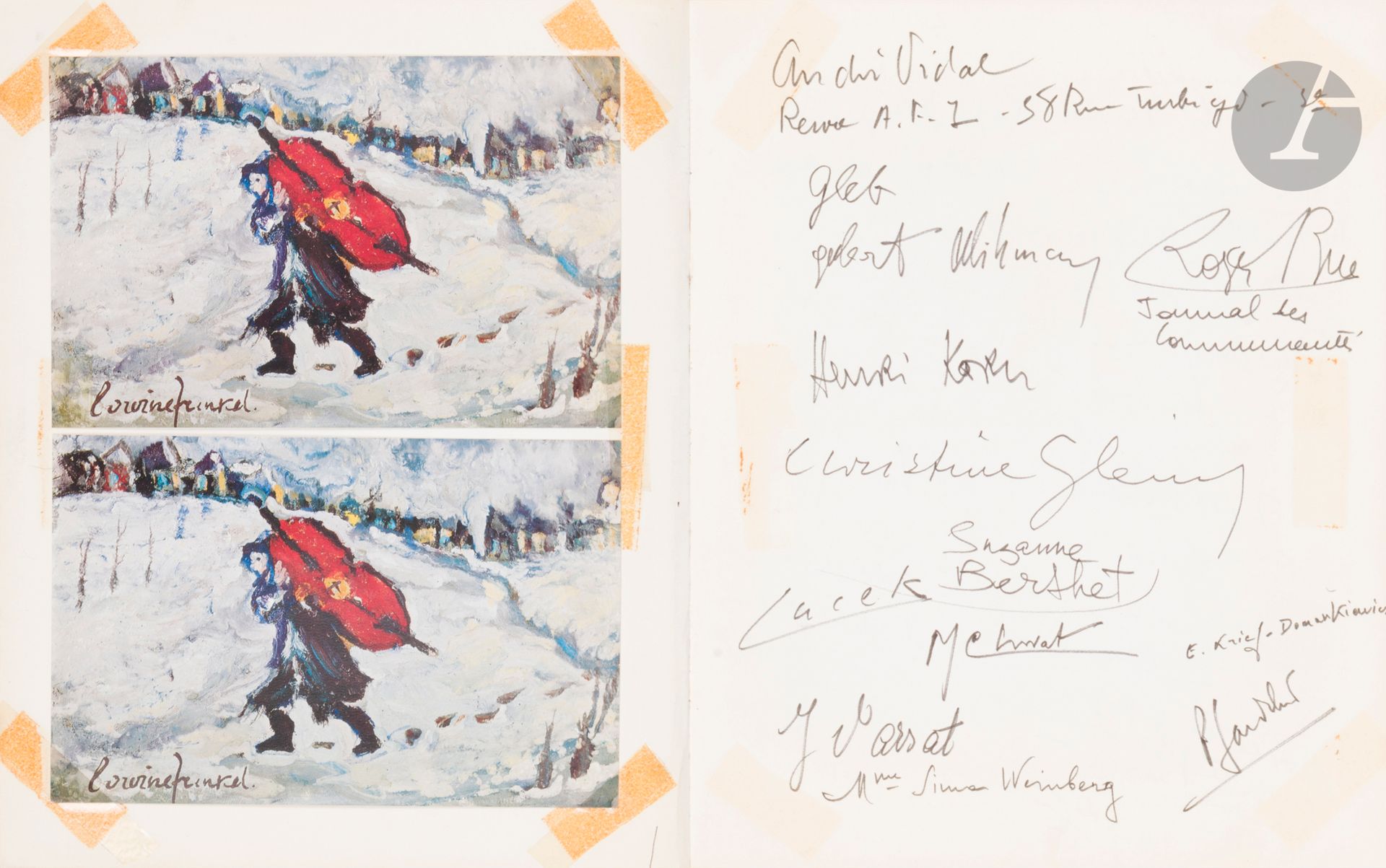 Guestbook of the Aleph gallery (1976-1978).
In-4, soft cloth binding. 37 ff.
On the first flyleaf, a dedication by the poet Avraham Sutzkever accompanied by a small drawing. 
Numerous signatures and appreciations on the occasion of exhibitions by Mané-Katz, Alain Kleinmann, Borvine Frenkel, Walter Spitzer and André Lwoff.


 

Key words :
judaica, jew, jewish, hebrew, rabbis, jewish, torah, hebrew, hebraica, judaism, synagogue, zionism, pessah, pessach, haggada, haggadah, hagada, hagadah, passover, menora, menorah, hannuka, hannuca, hannucca, hanouccah, torah, juden, israélite, Israël, antisemitism, antisémitisme, dreyfus, meguila, sepharade, sefarad, ketouba
