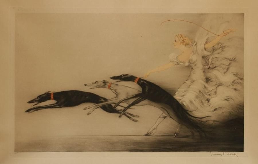 Louis ICART (1888-1950)
Speed II ou Vitesse II, 1933. Eau-forte, aquatinte et pointe sèche en couleurs.  Toutes marges.  Signée Louis ICART au crayon en bas à droite, porte le justificatif E240 et le timbre sec au moulin en bas à gauche, porte la mention « Copyright 1933 by L. Icart N. Y. » en haut à gauche.  56,5 x 80 cm