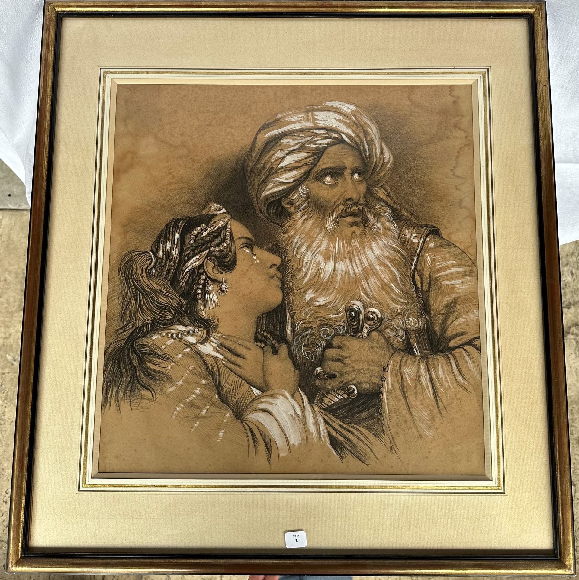 D'après MONVOISIN
Le Pacha Iamina et son épouse
Gravure rehaussée.
44 x 41 cm 
(Mouillures).