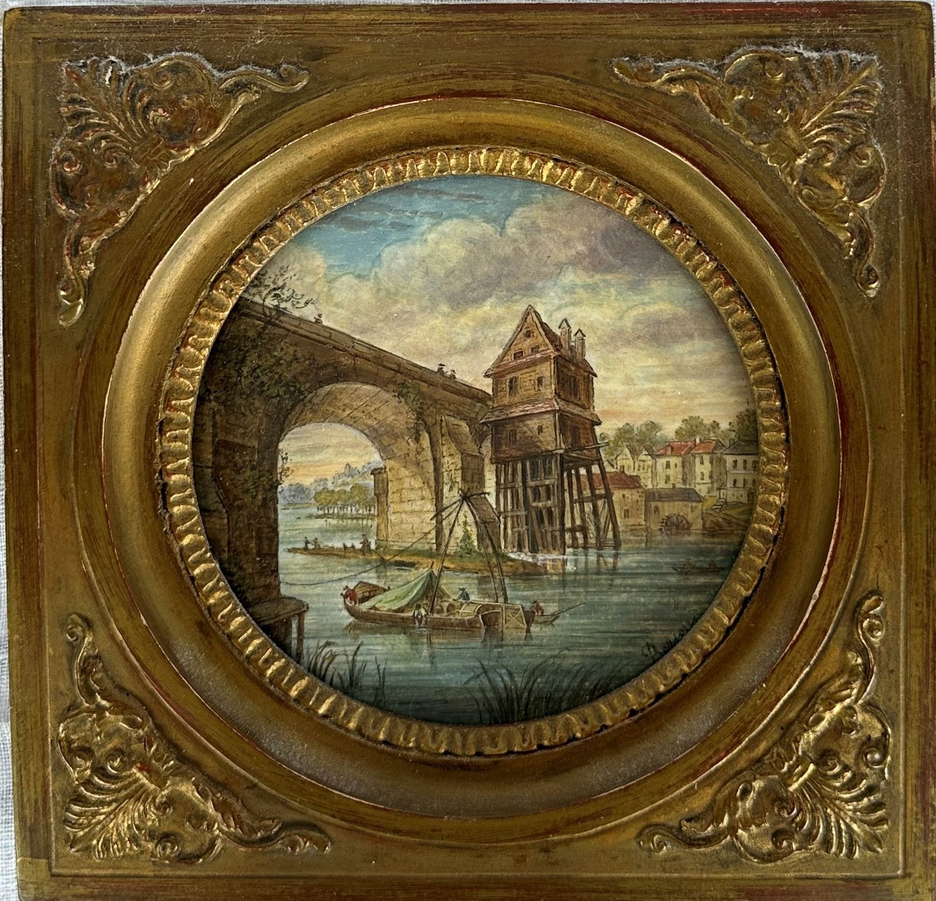 École Française du XVIIIe siècle
Le Pont
Aquarelle en tondo.
Signée en bas à droite BERJON.
Diam : 9,5 cm