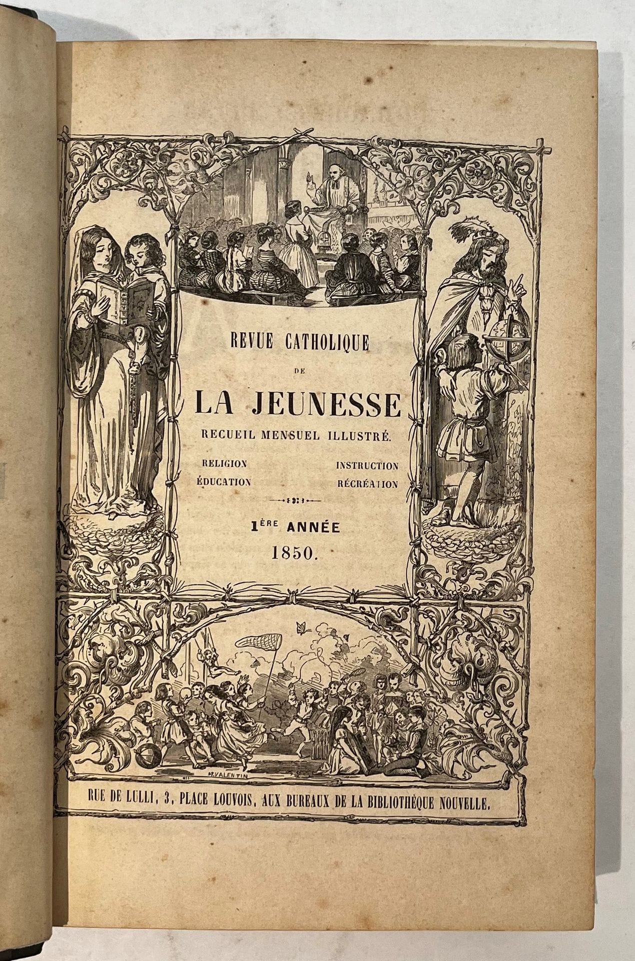 REVUE CATHOLIQUE DE LA JEUNESSE
Monthly illustrated collection: Religion, Education, Instruction, Recreation
1st year: n° 1, January 1850-n° 12, December 1850; 2nd year: n° 1, January 1851-n° 12, December 1851. Paris, Aux Bureaux de la Bibliothèque Nouvelle, Directors: Eugène and Louis Veuillot. Texts by El. G. Marguerit, Louis de Tesson, Eugène Veuillot, Louis Veuillot, Hippolyte Violeau, etc. 24 issues in 1 vol. large in-8 bound. Handwritten notes by Vasseur (1 f.). This magazine follows on from L'Image.