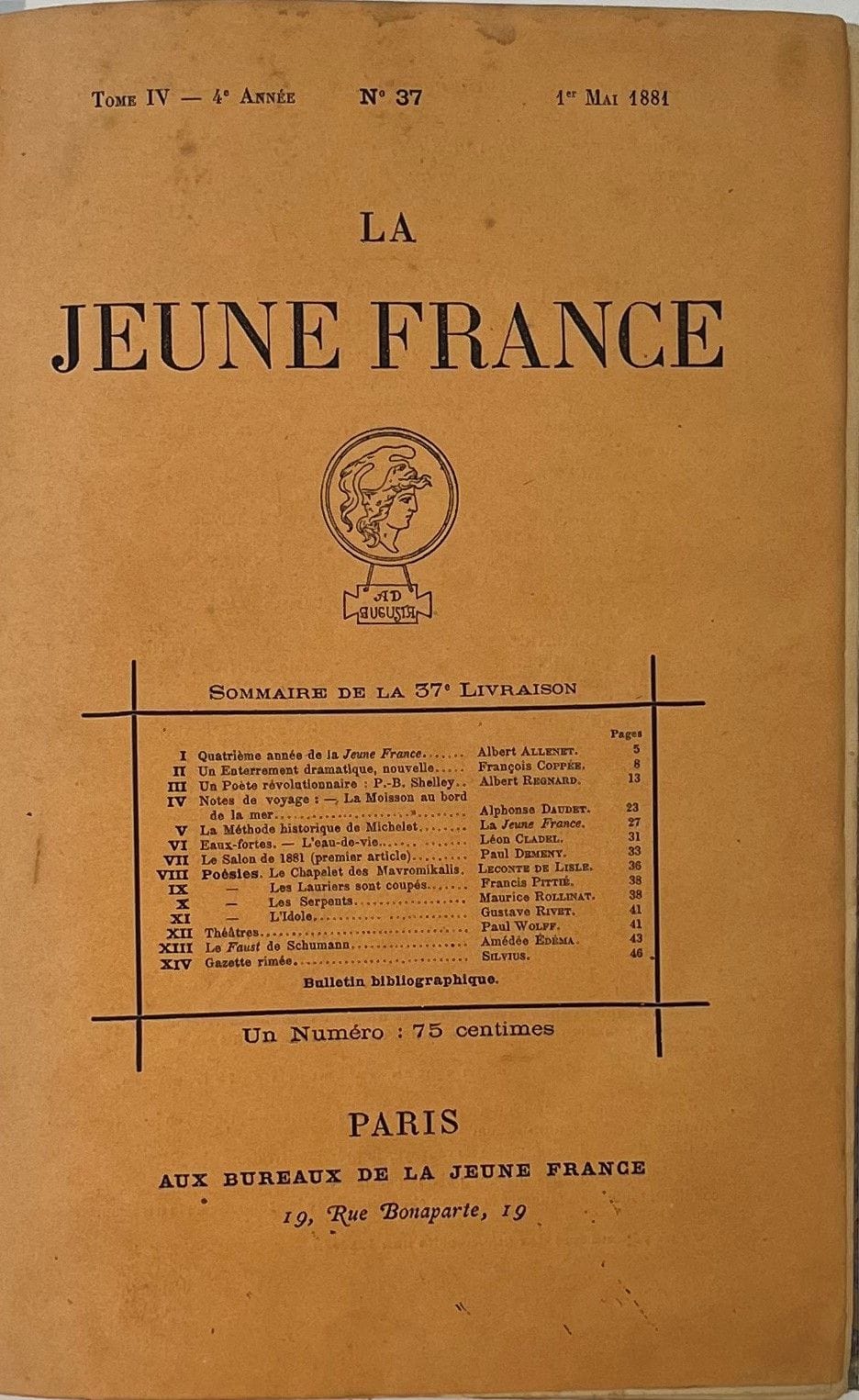 LA JEUNE FRANCE
Paraissant le 1er de chaque mois
N° 1, 1er mai 1878-n° 116, 15 avril 1888. À partir du n° 113 le titre devient : La Jeune France, Revue libre. Devient La Revue libre à partir du n° 116 ; celle-ci a continué la numérotation de La Jeune France et a duré jusqu'en septembre 1888, avant de fusionner avec La Revue Indépendante le 1er novembre 1888. Paris, Aux Bureaux de La Jeune France, Directeurs : Albert Allenet, puis Paul Demeny, Secrétaires de rédaction : Albert Dègre, puis Paul Demeny, puis Émile Michelet, puis Rodolphe Darzens. Textes de Jean Aicard, Jean Ajalbert, Paul Arène, Maurice Barrès, Charles Baudelaire, Paul Bourget, Robert Caze, Félicien Champsaur, Léon Cladel, Jules Claretie, François Coppée, Rodolphe Darzens, Alphonse Daudet, Léon Dierx, Emmanuel des Essarts, Anatole France, André Gill, Albert Glatigny, Stanislas de Guaita, J.-M. de Heredia, Ernest d'Hervilly, Victor Hugo, Georges Izambard, Henri de Lacretelle, Leconte de Lisle, Jean Lorrain, Catulle Mendès, Émile Michelet, Charles Morice, Nadar, Camille Pelletan, Edgar Poe (traduit par Albert Allenet), Jean Rameau, Louis Ratisbonne, Georges Rodenbach, Maurice Rollinat, Armand Silvestre, Sully Prudhomme, Laurent Tailhade, Octave Uzanne, Émile Verhaeren, Eugène Vermersch, Gabriel Vicaire, Villiers de l'Isle-Adam (Axel), Émile Zola, etc. Collection complète. 116 numéros en 116 livraisons en 10 vol. in-8 reliés (couvertures conservées). Le 1er vol. est bien complet du frontispice de Félix Régamey représentant les collaborateurs de La Jeune France. Notes manuscrites de Vasseur (11 ff.). Joint : - La Revue libre, n° 117, mai 1888 ; Dans le Tome 1 : - 3 pages extraites du Bulletin des Amis de Maurice Rollinat (n° 5, avril 1965), dans lesquelles La Jeune France est citée ; Dans le Tome 2 : - 2 affiches de propagande pour la 2e année avec un poème signé L.V. [Léon Valade], une sous forme de maquette, l'autre dans son état définitif ; Dans le Tome 3 : - 1 L.A.S. de Albert Allenet (17 mai 1881) concernant des frais de recouvrement qu'un abonné ne veut pas payer et annonçant l'envoi du frontispice ; Dans le Tome 6 : - 1 affiche de propagande pour la 6e année de la revue ; - Le faire-part du décès de Albert Allenet (inséré dans le n° 68, 1er décembre 1883) ; Dans le Tome 9 : - L.A.S. de Jules Mayet (6/2*1887) à Alfred Morin faisant part d'un grand désarroi dans la revue à la suite de la mort de son administrateur M. Léon Laloux (insérée dans le n° 102, janvier 1887) ; Dans le Tome 10 : - 1 L.A.S. de Jules Mayet, administrateur de La Jeune France sur papier à en-tête de la revue donnant la nouvelle adresse de la revue (insérée dans le n° 108, août 1887).