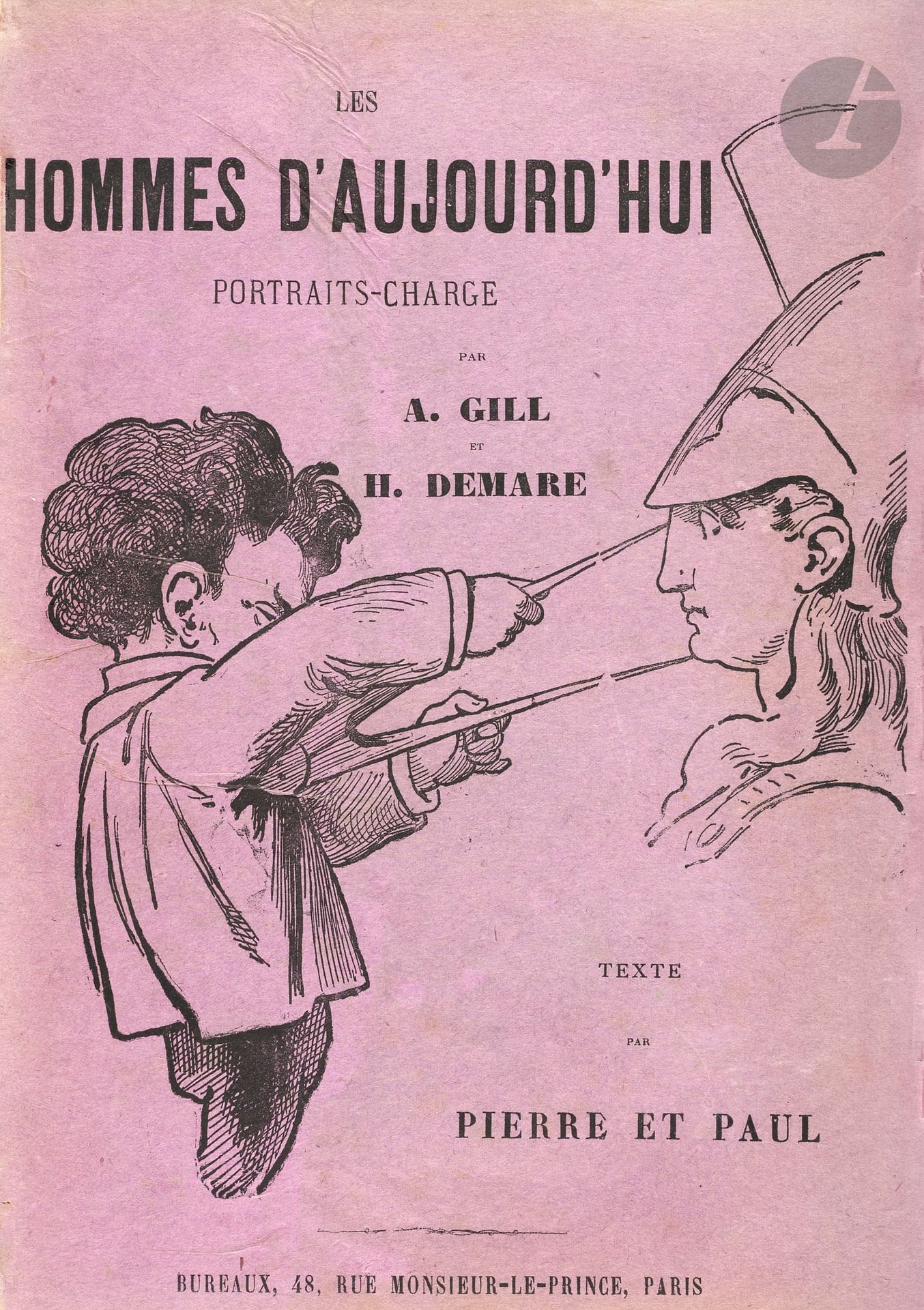 LES HOMMES D'AUJOURD'HUI
N° 1, septembre 1878-n° 469, [1899] + un double n° 244 : " Verlaine par Verlaine ", soit 470 livraisons. Paris, A. Cinqualbre, puis, à partir de 1885 Léon Vanier, Fondateur : Félicien Champsaur. On considère la collection complète en 469 livraisons mais pour être absolument complète, elle doit comporter 2 fascicules consacrés à Verlaine : un " Paul Verlaine " par Pierre et Paul (cachant le nom de Verlaine) et un " Paul Verlaine " par Paul Verlaine reproduisant le texte du précédent plus 24 lignes écrites par Verlaine en octobre 1894. Chaque numéro contient un portrait charge en couleurs. Les premiers par André Gill et les suivants par Manuel Luque, Émile Cohl, Léandre, Cazals, L. Anquetin, etc., un par Toulouse-Lautrec (n° 407 : Henri Somm qui n'est autre que Lautrec). La signature de Pierre et Paul cachait très souvent l'auteur auquel était consacré le fascicule. Collection complète. 469 numéros en 469 livraisons + 1 autre n° 244 en 4 vol. in-4 reliés. Joint : Au tome 1 : - 1 carte de visite de Félicien Champsaur avec quelques lignes autographes ; - 1 portrait de Champsaur par Rops ; - 1 L.A.S. de Louis Pillard (Nancy) à Édouard Dujardin ; - 2 L.D.S. de Jean-Léo (Le Grenier du Collectionneur, Bruxelles, 1970) à André Vasseur ; - La couverture générale de livraison couleur mauve ; - Le n° 41 (Ferdinand de Lesseps) en noir ; - 1 extrait d'un article paru dans Études de presse consacré aux Hommes d'aujourd'hui ; Au tome 2 : - La couverture générale de livraison couleur jaune. Au tome 3 : - La couverture générale de livraison couleur mauve ; - Le n° 236 (Hippolyte Maze) en noir ; - À l'intérieur du n° 298 : 7 ff. (Jules Laforgue par Gustave Kahn), le manuscrit autographe de ce numéro signé Gustave Kahn. Au tome 4 : - 1 carte autographe de Jules Renard (février 1893) à Alfred Vallette ; - 3 L.A.S concernant le n° 338 (Édouard Dujardin par Teodor de Wyzewa) : 1 de Wyzewa (11/07/1890) ; 1 de Léon Vanier (23/03/1891), 1 de Octave Maus (12 /05/1891). Dans ces trois lettres il est question des Hommes d'aujourd'hui ; - 1 couverture générale de livraison en couleur ; - À l'intérieur du n° 360 (Kahn par Félix Fénéon), le manuscrit autographe signé (10 ff.) de ce numéro et l'épreuve imprimée. Le manuscrit de Fénéon est beaucoup plus long que le texte imprimé et l'épreuve imprimée contient de nombreuses corrections autographes ; - Les n° 373, 376, 386, 387, 389, 390 sont en double. Exemplaire exceptionnel ainsi composé.