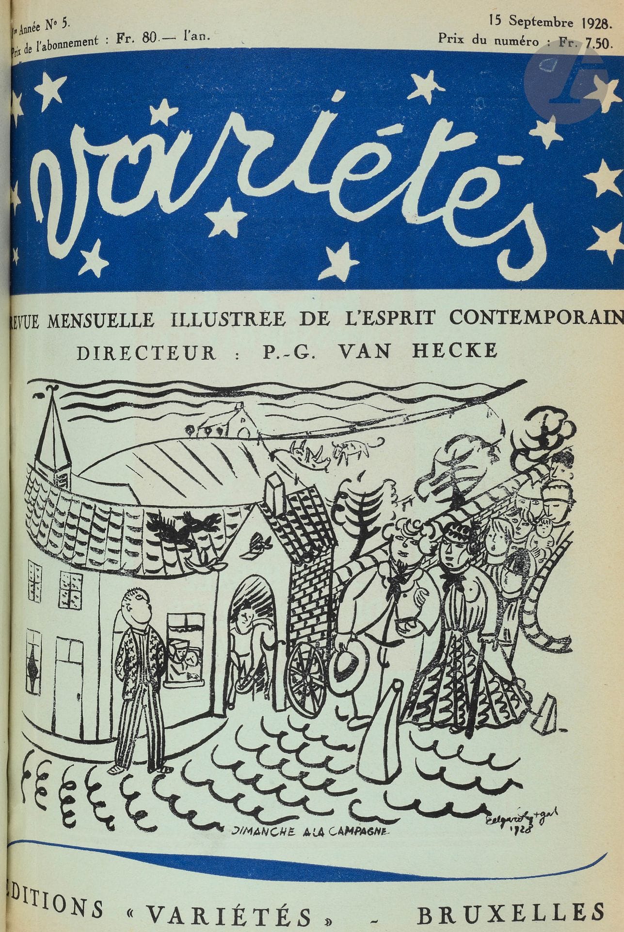 VARIÉTÉS
Revue mensuelle illustrée de l'esprit contemporain
1ère année : n° 1, 15 mai 1928-n° 12, 15 avril 1929 ; 2e année : n° 1, 15 mai 1929-n° 12, 15 avril 1930 + n° hors-série : " Le Surréalisme en 1929 ", juin 1929. Bruxelles, Éditions Variétés, Directeur : Paul-Gustave Van Hecke. Textes de Louis Aragon, Jacques Baron, Joë Bousquet, André Breton, J.-B. Brunius, Georgette Camille, René Clair, Jean Cocteau, Pierre Courthion, René Crevel, René Daumal, Robert Desnos, Ilya Ehrenbourg, Paul Éluard, Max Ernst, Sergueï Essenine, Paul Fierens, Nino Frank, Sigmund Freud, Jean Giono, Robert Guiette, Franz Hellens, Paul Léautaud, Fernand Léger, Pierre Mac Orlan, André Malraux, E.L.T. Mesens, Henri Michaux, Monny de Boully, René Nelli, Paul Nougé, Boris Pasternak, Benjamin Péret, Odilon-Jean Périer, Raymond Queneau, Georges Ribemont-Dessaignes, André de Ridder, Michel Seuphor, Philippe Soupault, Jules Supervielle, André Thirion, Tristan Tzara, Pierre Unik, Roger Vitrac, etc. Nombreuses illustrations. Collection complète. 25 numéros en 25 livraisons en 2 vol. in-4 reliés (couvertures conservées). Notes manuscrites de Vasseur (3 ff.). Joint : - 1 bulletin de souscription. 
Magnifique revue dont l'objet principal était " d'apporter à ses lecteurs un témoignage de l'activité contemporaine, soit dans le domaine intellectuel, par les textes publiés ; soit, plus directement, dans le domaine de la vie, par le grand nombre d'illustrations reproduites. "