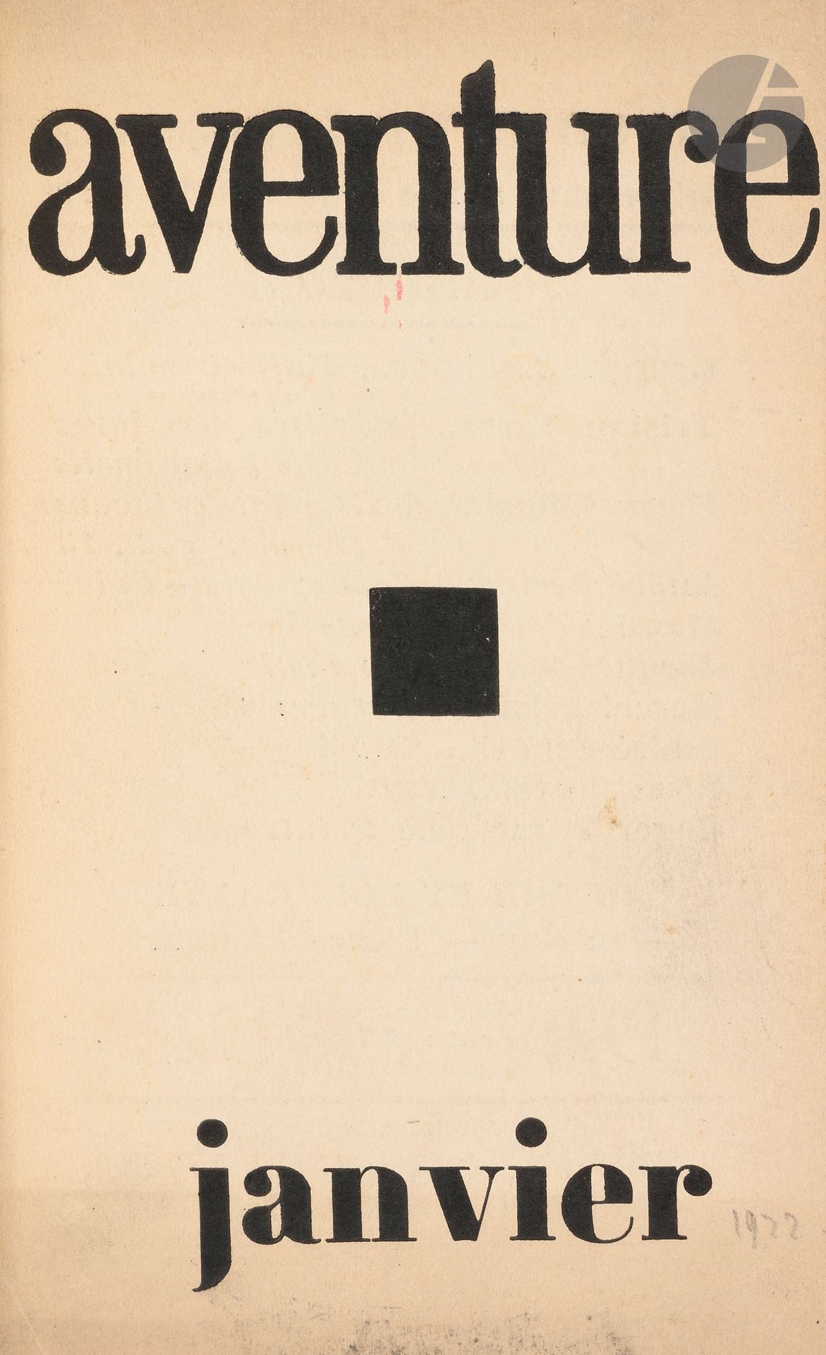 AVENTURE
N° 1, 10 novembre 1921-n° 3, janvier 1922. Paris, Direction : Marcel Arland, Jacques Baron, Henry Cliquennois, René Crevel, Georges Limbour, Max Morise, Roger Vitrac, Gérant : René Crevel. Textes de Louis Aragon, Marcel Arland, Georges Auric, Jacques Baron, André Breton, Blaise Cendrars, Henry Cliquennois, Jean Cocteau, René Crevel, Robert Delaunay, Paul Dermée, André Dhôtel, Max Jacob, Georges Limbour, Pierre Mac Orlan, Paul Morand, Max Morise, Amédée Ozenfant, Jean Paulhan, Henri Ther, Tristan Tzara, Paul Valéry, Roger Vitrac. Illustrations de Chas Laborde, Jean Dubuffet (5 bois gravés), Raoul Dufy, Pierre Flouquet, Fernand Léger, Man Ray. Collection complète. 3 numéros en 3 livraisons en 1 vol. in-8 relié. Notes manuscrites de Vasseur (2 ff.). Joint : - Portraits de Pierre Mac Orlan, Marcel Arland, André Dhôtel, André Breton, Blaise Cendrars, Jean Paulhan, Paul Valéry, Max Jacob.
Revue d'inspiration Dada fondée à la suite de la manifestation du 14 avril 1921 à Saint-Julien-le-Pauvre, organisée par André Breton, Tristan Tzara, Louis Aragon, etc. René Crevel, Jacques Baron et Roger Vitrac revinrent de cette visite-conférence " interloqués et séduits par la détermination de ces jeunes hommes corrects à tirer à boulets rouges sur la fameuse clarté française ".