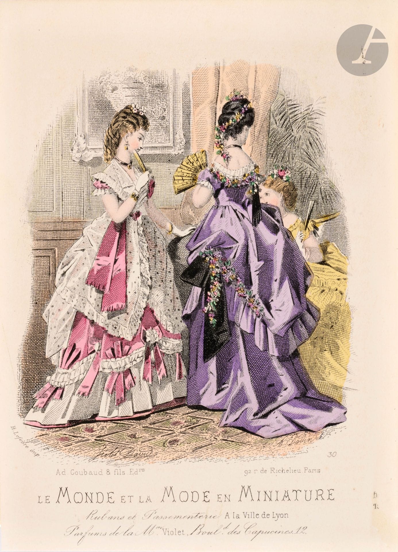 LA MODE-MINIATURE
Magasin-Bijou Illustré
N° 1, 7 juillet 1872-n° 104, 27 juin 1874. Devient en janvier 1873 : Le Monde et la Mode en Miniature, Magasin-Bijou Illustré. Paris, Ad. Goubaud et Fils Éditeurs. Textes de Marguerite de Colombes, Louise de Taillac, Anne de Thomereys, Antoinette Valéry. 104 numéros en 104 livraisons en 2 vol. in-16 reliés d'époque (plein cartonnage rouge). Notes manuscrites de Vasseur (1 f.). Le présent exemplaire ne contient que les pages de mode, bien complet de toutes les gravures en couleurs.
Cette revue contenait des textes de chroniques. La partie mode faisait partie d'un cahier séparé à pagination particulière. Dans le n° 1, on lit : " Nous rappelons à nos lectrices que les huit pages consacrées à la mode sont paginées à part et imprimées de façon à pouvoir être détachées si on le désire. Le relieur n'aura donc en ce cas qu'à détacher les huit pages du milieu de chaque numéro, pour faire à la fin de l'année deux jolis volumes indispensables dans une bibliothèque de dame. "