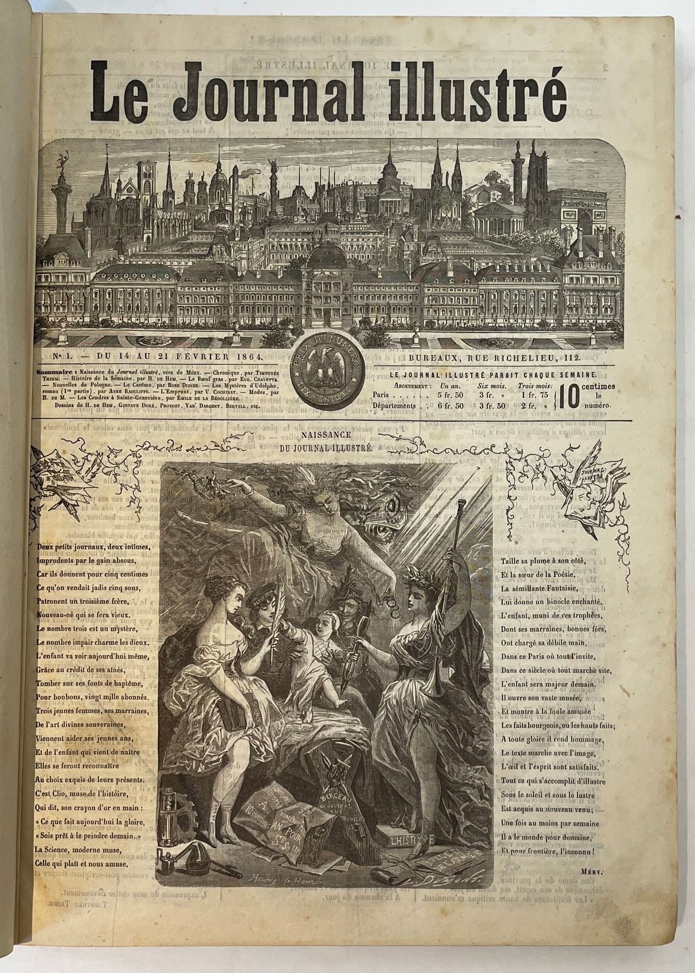 LE JOURNAL ILLUSTRÉ
No. 1, February 14 /21, 1864-No. 65, May 7 /14, 1865. Paris. Texts by Émile de la Bédollière, Eugène Chavette, Victor Cochinat, Alexandre Dumas, Théophile Gautier, Méry, Jules Moinaux, Charles Monselet, Anne Radcliffe, Timothée Trimm, Maurice Wolff, etc. Illustrations by Gustave Doré, Gustave Janet, Henry de Montaut, Provost, Riou, etc. 65 issues in 1 vol. in-folio bound (binding rubbed).