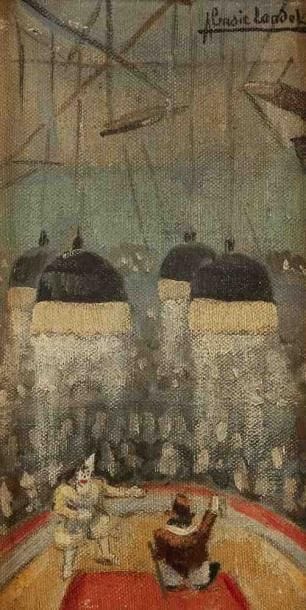 Pierre ABADIE LANDEL (18961972)
Au cirque, les clowns sur la piste. Huile sur toile, signée en haut à droite. 22 x 12 cm