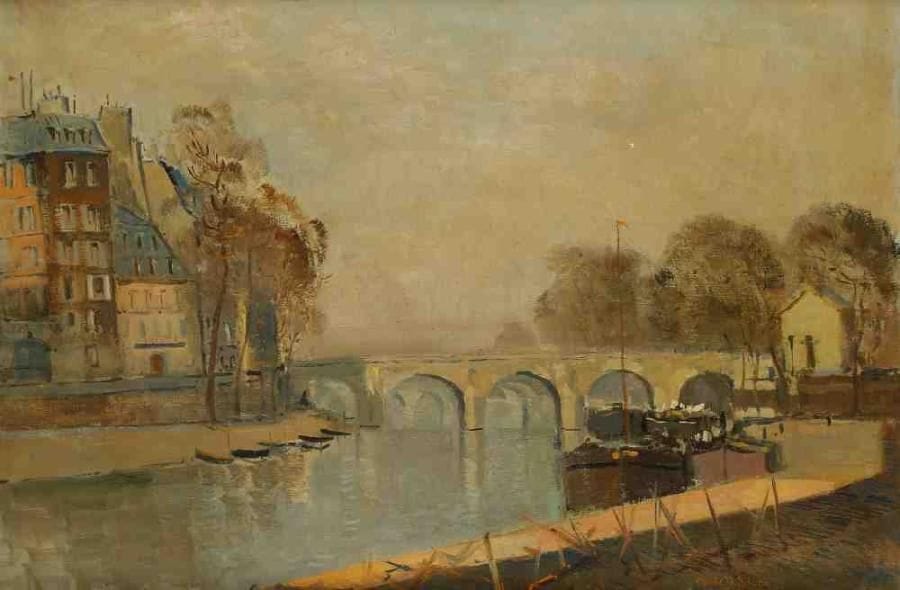Claude Le BAUBE (Né en 1919)
Péniches sur la Seine. Huile sur toile, signée en bas à droite. 38 x 55 cm
