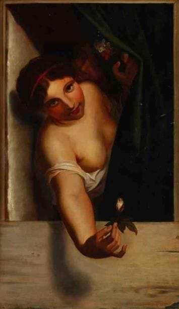 ÉCOLE MODERNE
Jeune femme à la rose. Huile sur toile, porte une signature en bas à droite. 70 x 41 cm