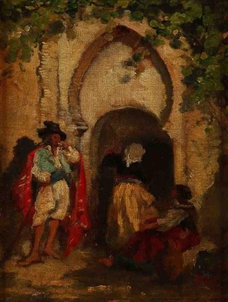 ÉCOLE MODERNE
L'homme à la cape rouge. Huile sur toile, porte une signature en bas à droite. 27 x 19 cm