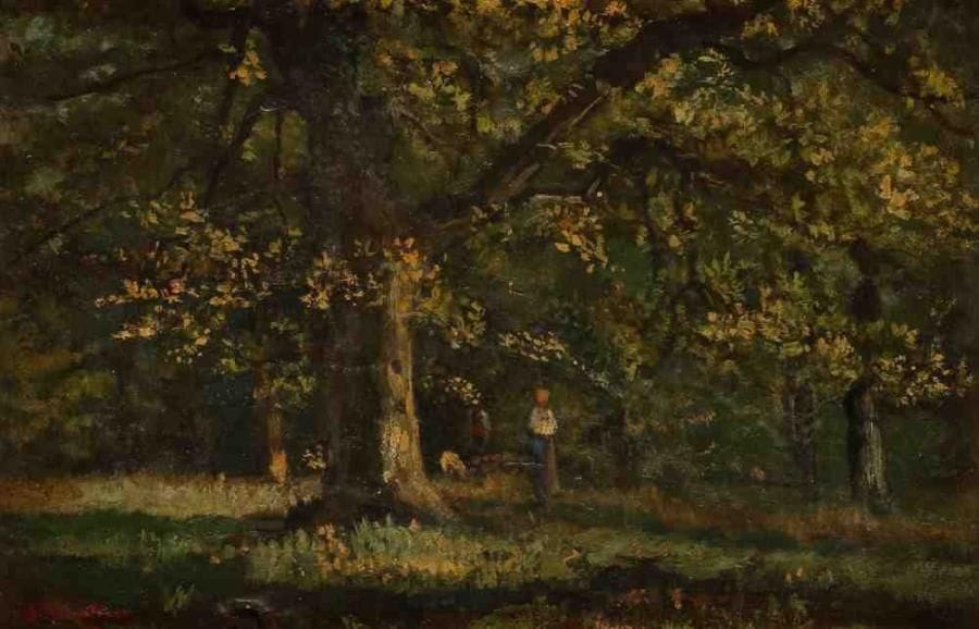 ÉCOLE MODERNE
Femme en sousbois. Huile sur toile, porte une signature en bas à gauche. 23 x 34 cm. (Restaurations)