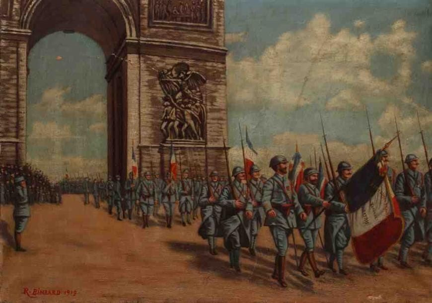 R. BIMBARD. Le défilé, 1919
Huile sur toile, signée et datée en bas à gauche. 43 x 61 cm. (Accidents)