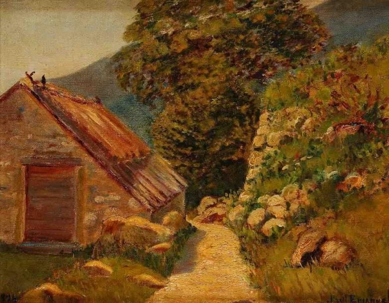 ÉCOLE MODERNE
Le refuge. Huile sur toile, porte une signature en bas à droite et une date en bas à gauche. 27 x 36 cm
