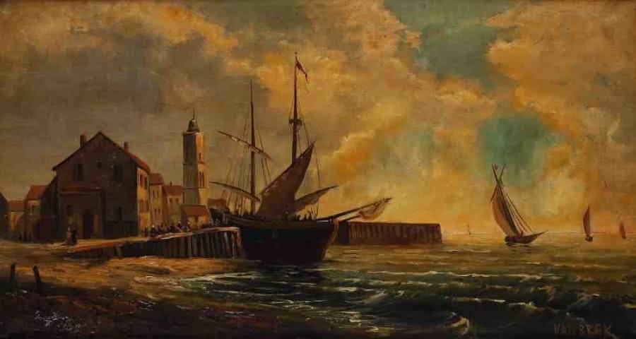ÉCOLE MODERNE
Voilier au port. Huile sur toile, porte une signature en bas à droite. 35 x 65 cm. (Restaurations)