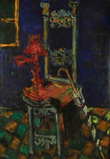 Paul AÏZPIRI (Né en 1919)
Nature morte à la lampe rouge et au parapluie. Huile sur carton, signée en bas à gauche. 92 x 65 cm