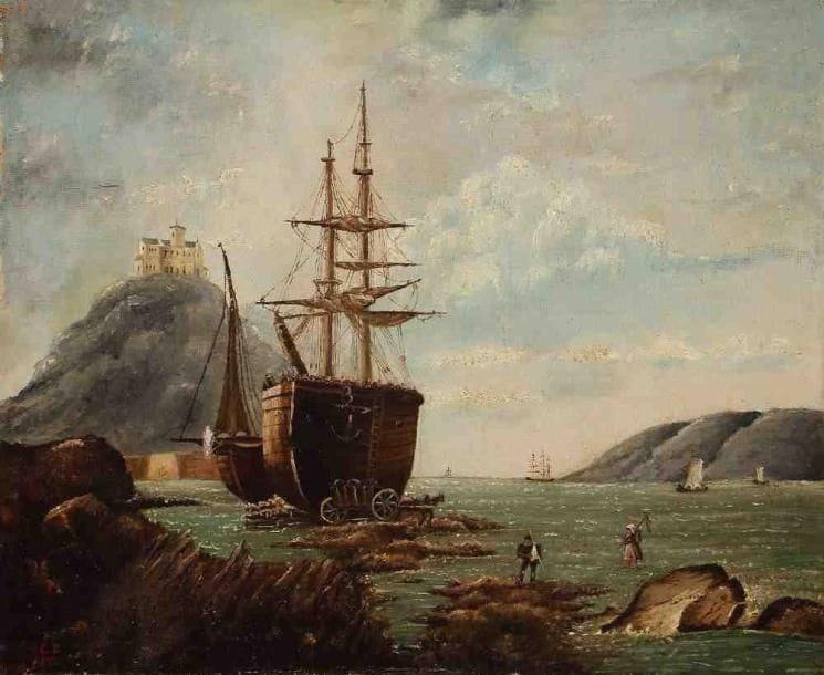 ÉCOLE NAÏVE
Voilier à marée basse. Huile sur toile, porte des initiales et une date en bas à gauche. 38 x 46 cm. (Accidents)