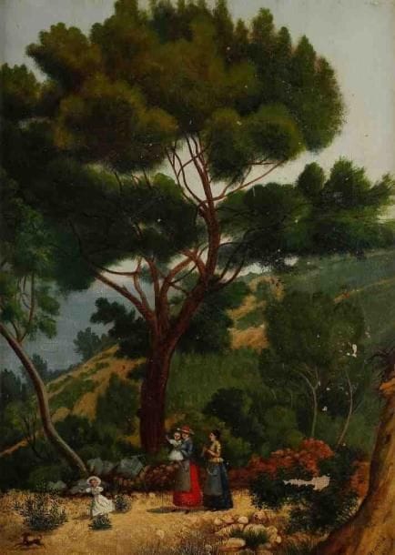 ÉCOLE NAÏVE
La promenade. Huile sur toile, porte une signature et une date en bas à droite. 42 x 30 cm. (Accidents et écaillures)