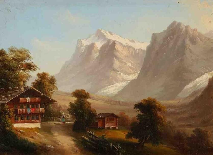 ÉCOLE SUISSE
Chalet en montagne. Huile sur carton. 17 x 22 cm