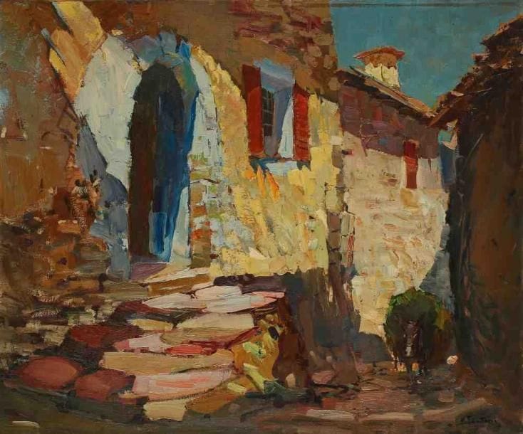 P. FANTINI
Au village. Huile sur toile, signée en bas à droite. 50 x 61 cm