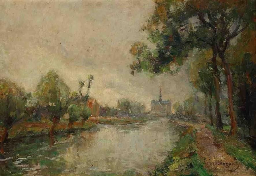 Le FORT MAGNIEZ (Né en 1868)
La rivière. Huile sur panneau, signée en bas à droite. 31 x 45 cm
