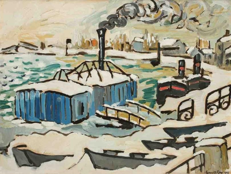 Georgette GOY
Péniches à quai sous la neige, 1945 Gouache sur carton, signée et datée 45 en bas à droite. 46 x 62 cm