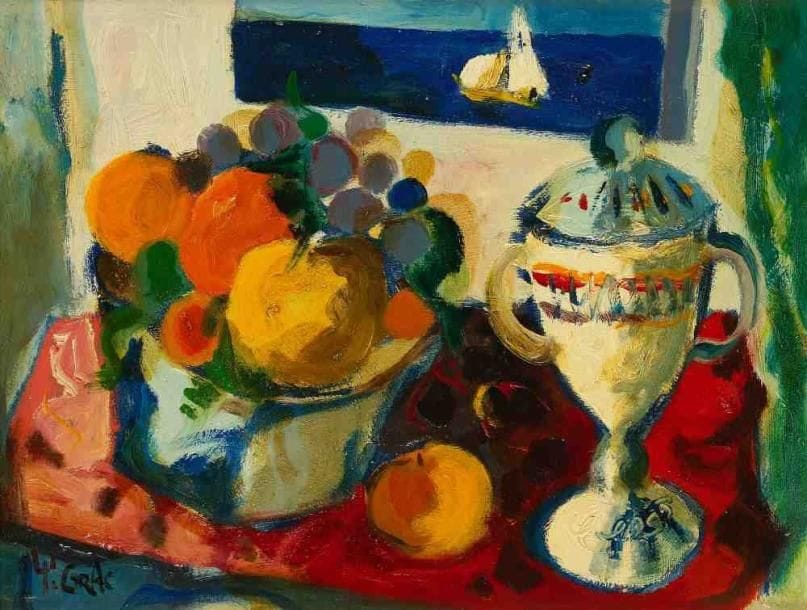 Yvon GRAC (Né en 1945)
Fenêtre ouverte sur la mer. Huile sur panneau, signée en bas à gauche. 27 x 35 cm
