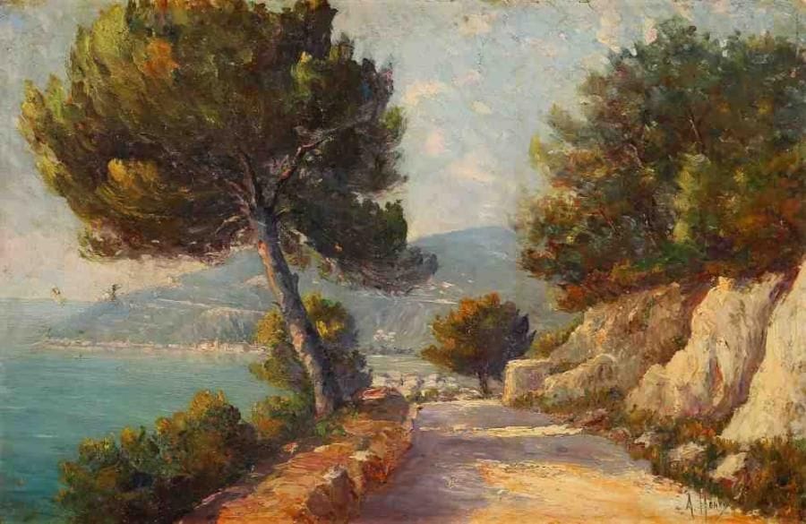 A. HENRY
Route en bord de mer. Huile sur toile, signée en bas à gauche. 27 x 41 cm. (Accidents)