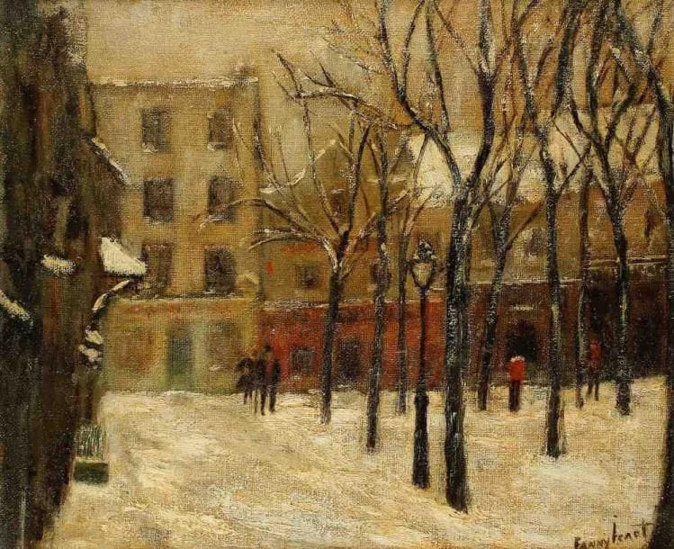 Fanny ICART (18971970)
Paris, Montmartre, la place du Tertre sous la neige. Huile sur toile, signée en bas à droite. 50 x 61 cm