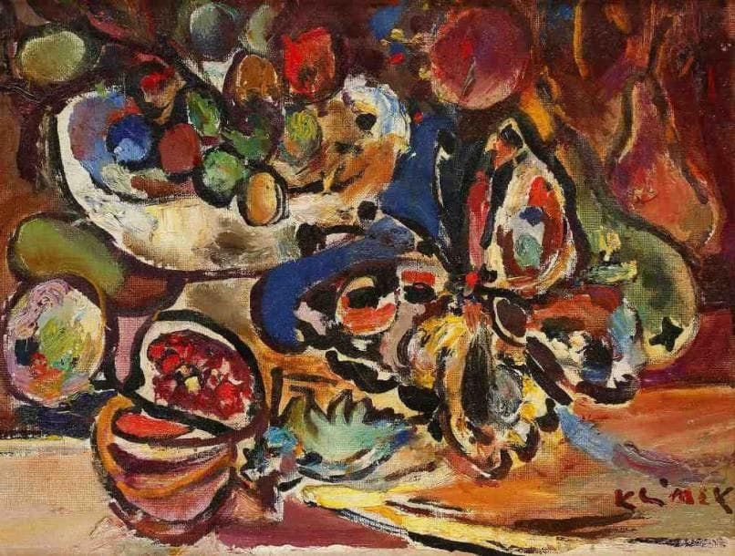 Ludwig KLIMEK (19121992) [Polonais]
Naturemorte aux fruits et au papillon. Huile sur carton toilé, signée en bas à droite. 27 x 35 cm