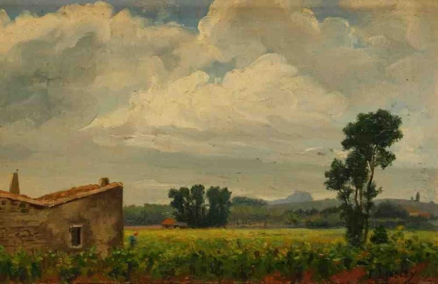François Auguste LINDLEY. dit Franck LINDLEY (mort en 1950)
Environs de Lanel. Huile sur panneau, signée en bas à droite, resignée et située au dos. 15,5 x 24 cm