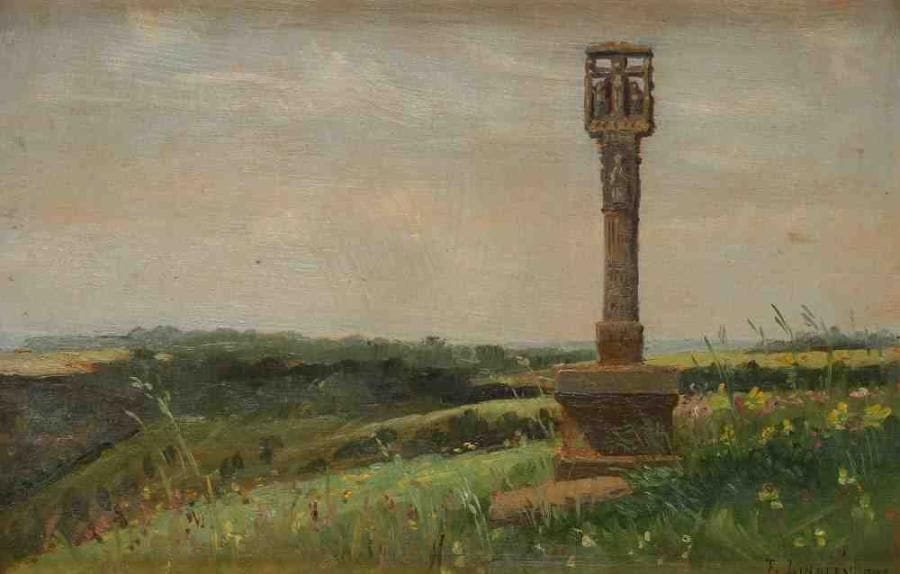François Auguste LINDLEY. dit Franck LINDLEY (mort en 1950)
Calvaire en Bretagne, 1898. Huile sur panneau, signée et datée en bas à droite. 16 x 24 cm