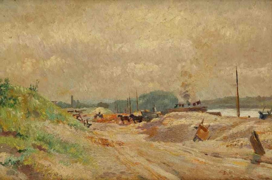Alfred Marie Le PETIT (18761953)
Le port de Levallois Perret, juin 1897. Huile sur panneau, signée en bas vers la gauche. 31,5 x 45,5 cm