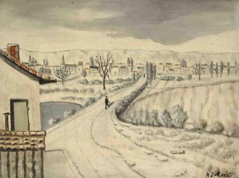 H.J. MORETI
Promeneur sur la route du village sous la neige. Huile sur panneau, signée en bas à droite. 33,5 x 44 cm