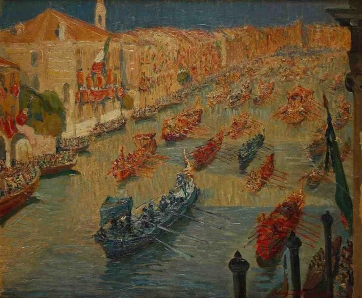 Luigi MORETI (Né en 1884) [Italien]
Venise, les gondoles. Huile sur toile, signée en bas à droite. 46 x 57 cm