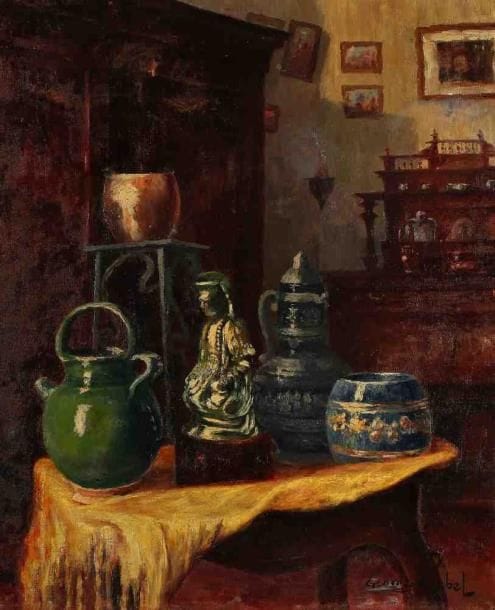 Georges PLUBEL (Né en 1867)
Nature morte à la kwan Yin. Huile sur toile, signée en bas à droite. 46 x 38 cm. (Restaurations)